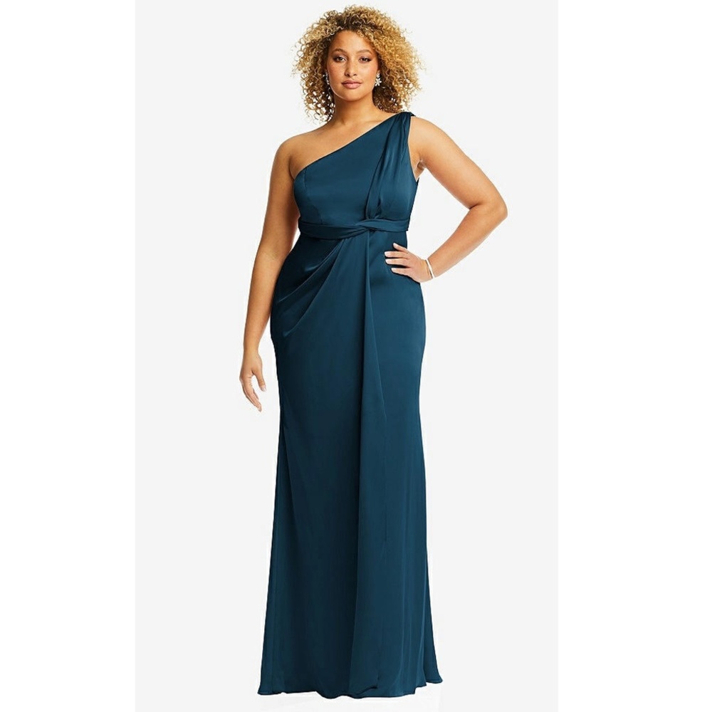 Dessy Collection: ONE-SHOULDER DRAPED TWIST EMPIRE WAIST TRUMPET GOWN- ATLANTIC
